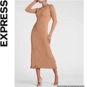 Express Ribbed Midi Long Sleeve Sweater Dress, tan pecan size XS